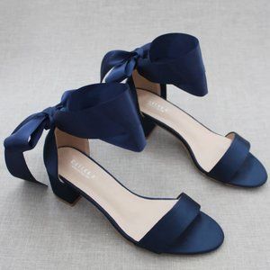 Navy Satin Block Heel Sandal with WRAPPED SATIN TIE
